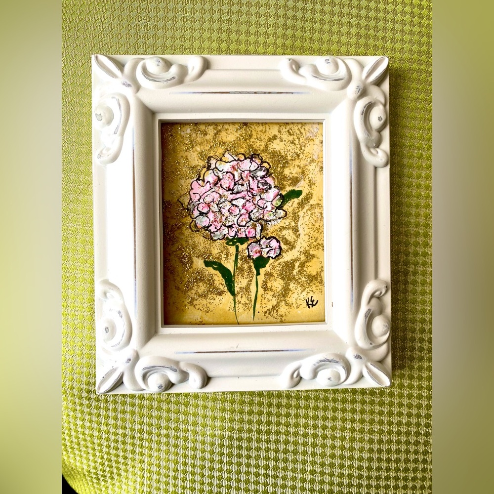 Original flower acrylic painting, abstract. Ornate White Frame  4x4.25 inches - Picture 4 of 11